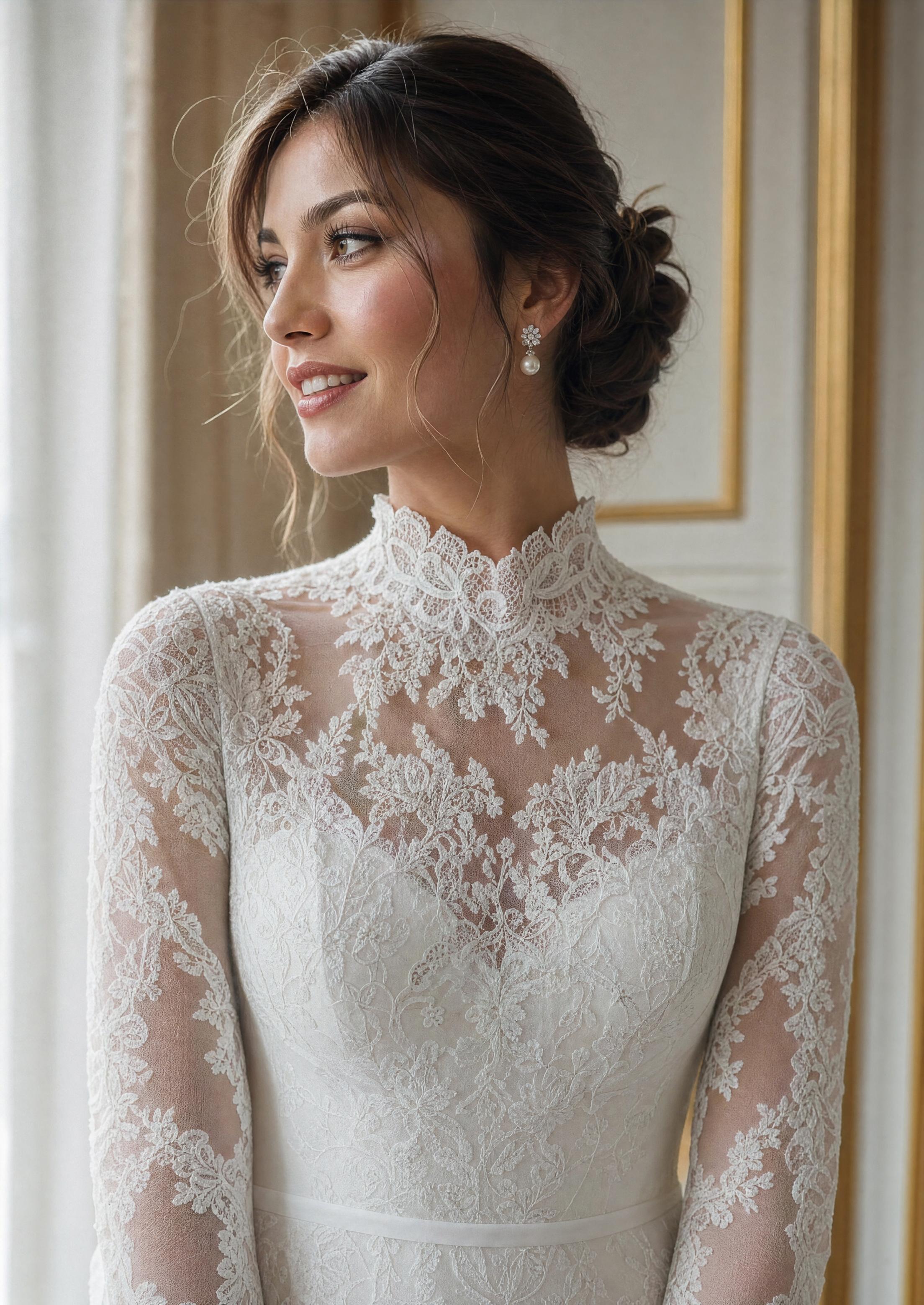 Primer pla d’un escot alt d’un vestit de núvia discret en puntes delicades, amb un detallisme elegant i majestuós