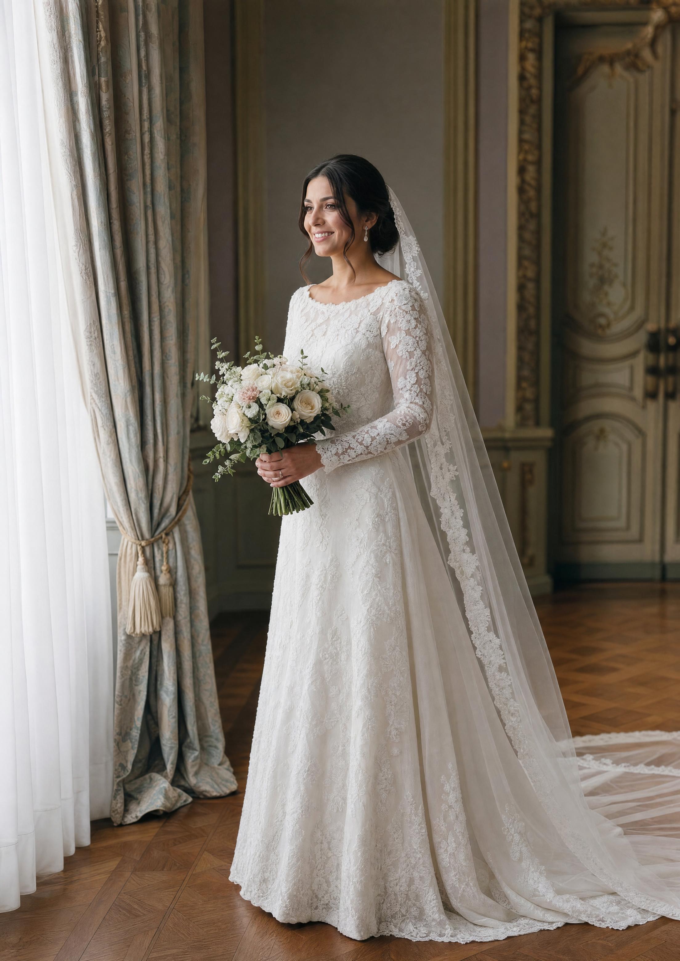 Núvia amb un vestit de núvia discret amb un vel llarg ribetejat de puntes i un detallat delicat de puntes, atemporal i refinada