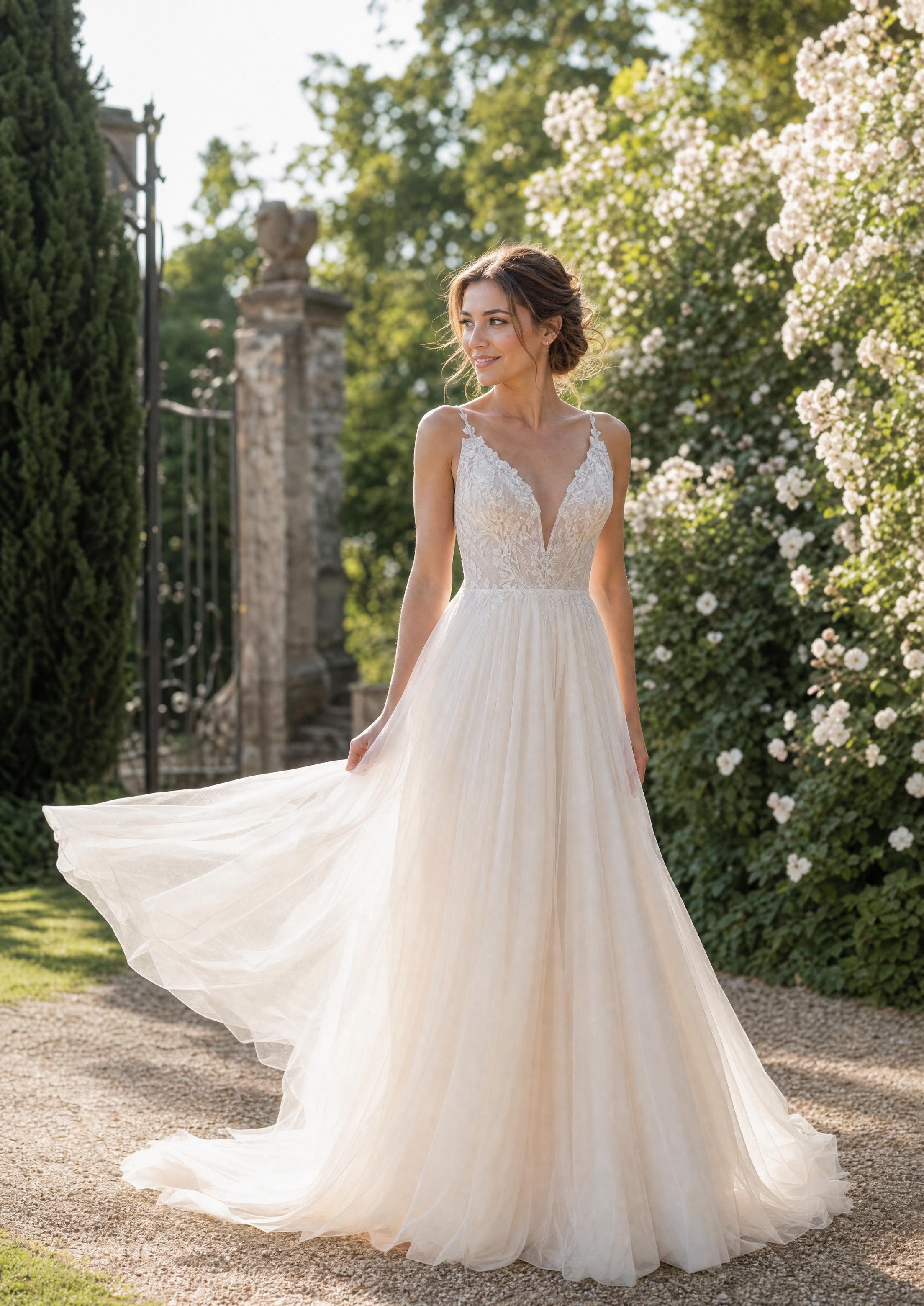 Bride in a floaty lightweight summer wedding dress in a sunlit garden, the airy skirt catching a warm breeze