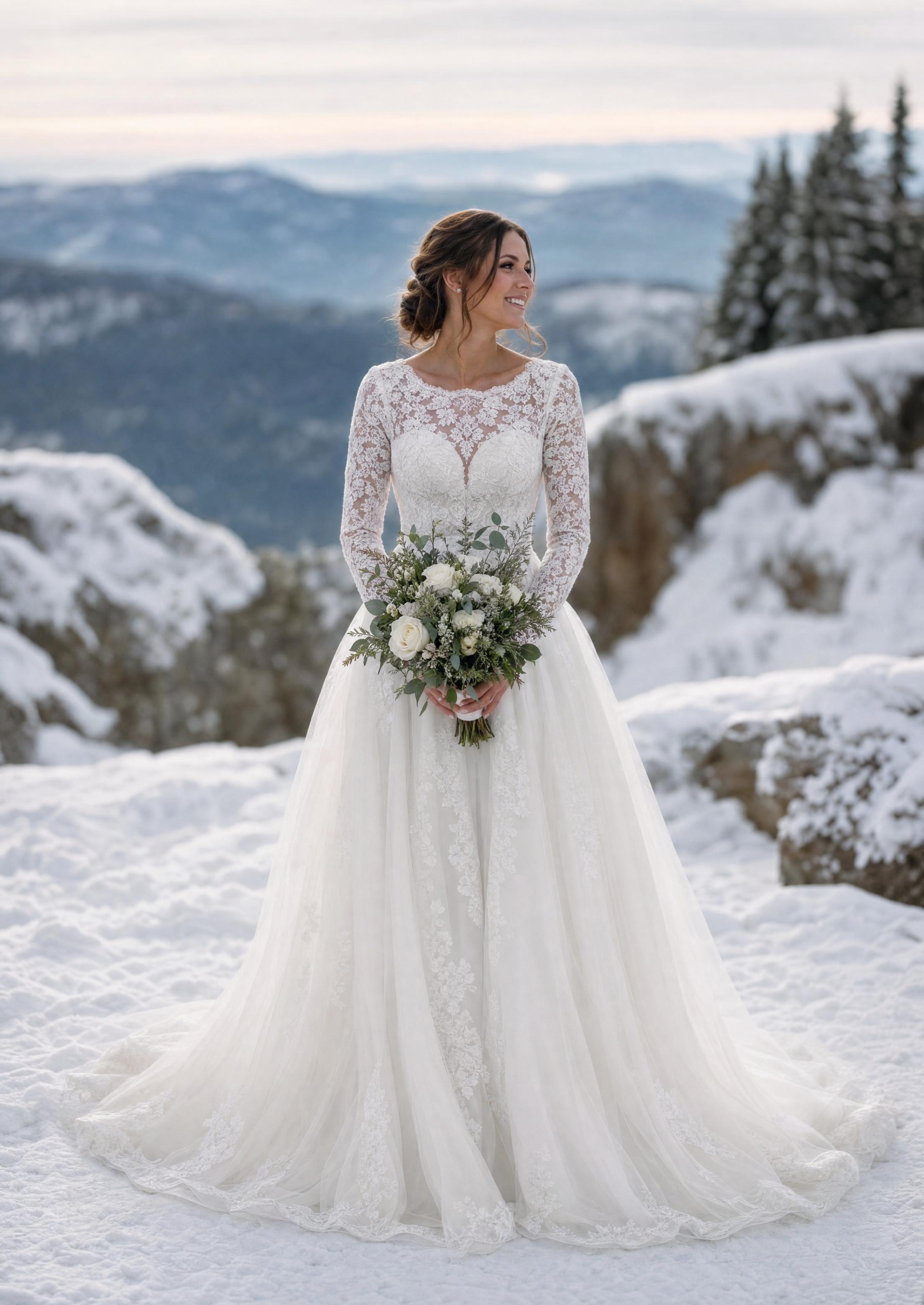 Núvia amb un elegant vestit de núvia d’hivern de màniga llarga en un paisatge nevat, amb una llum hivernal suau