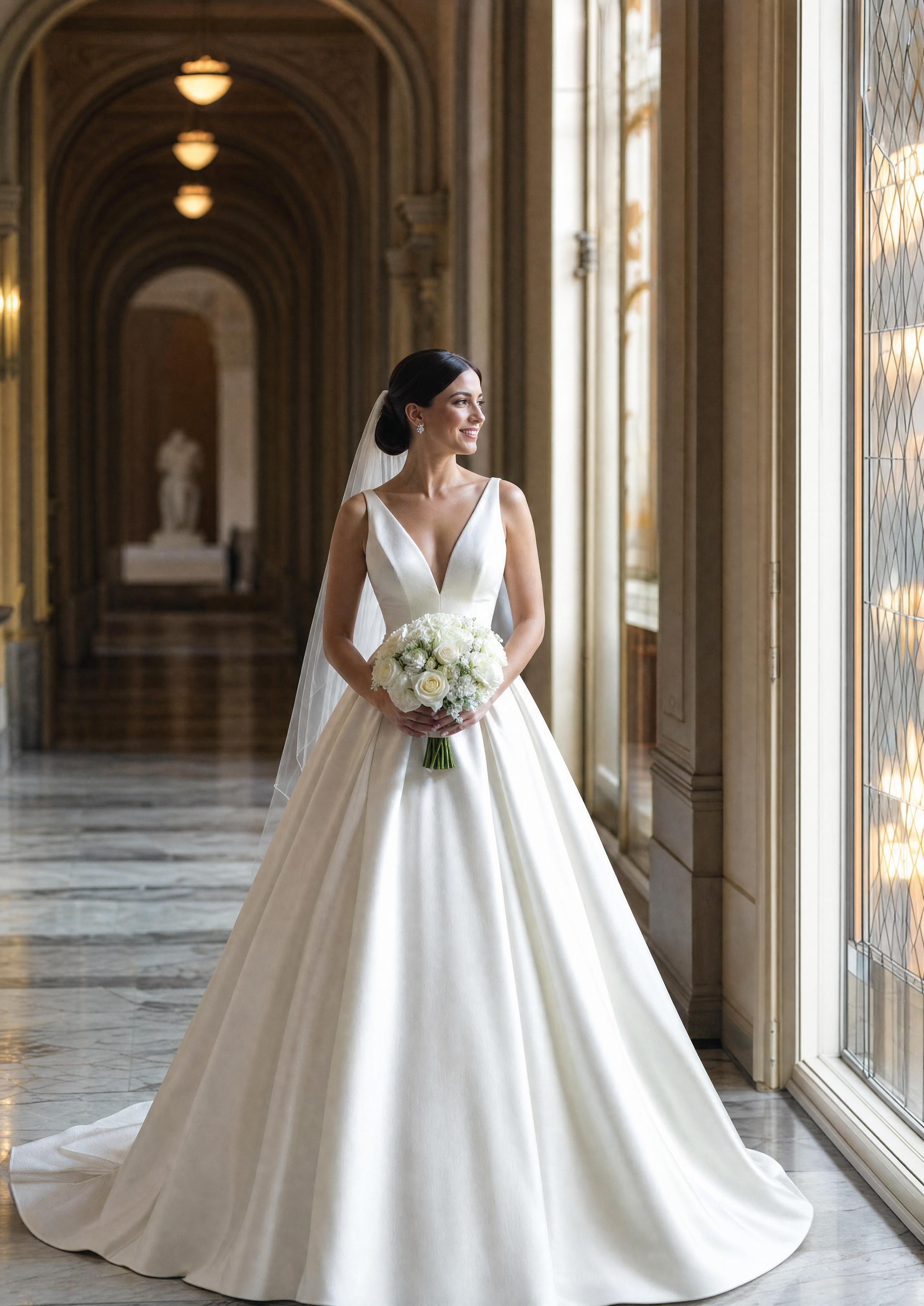 Núvia amb un luxós vestit de gala de setí Mikado amb textura subtil, un look nupcial hivernal opulent amb llum suau