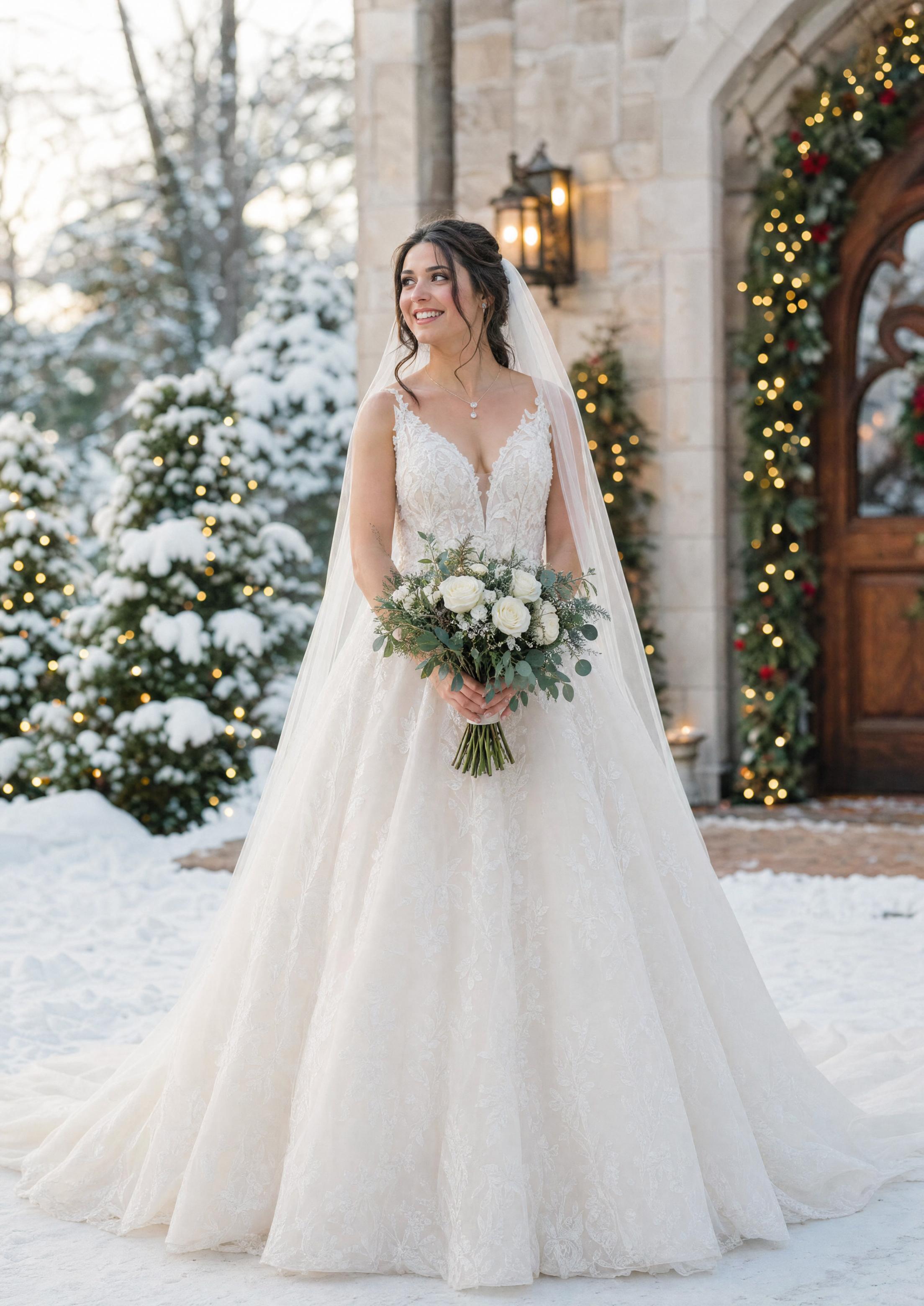 Núvia amb un elegant vestit de núvia d’hivern en línia A davant d’un fons nevat i festiu, amb gràcia i calidesa