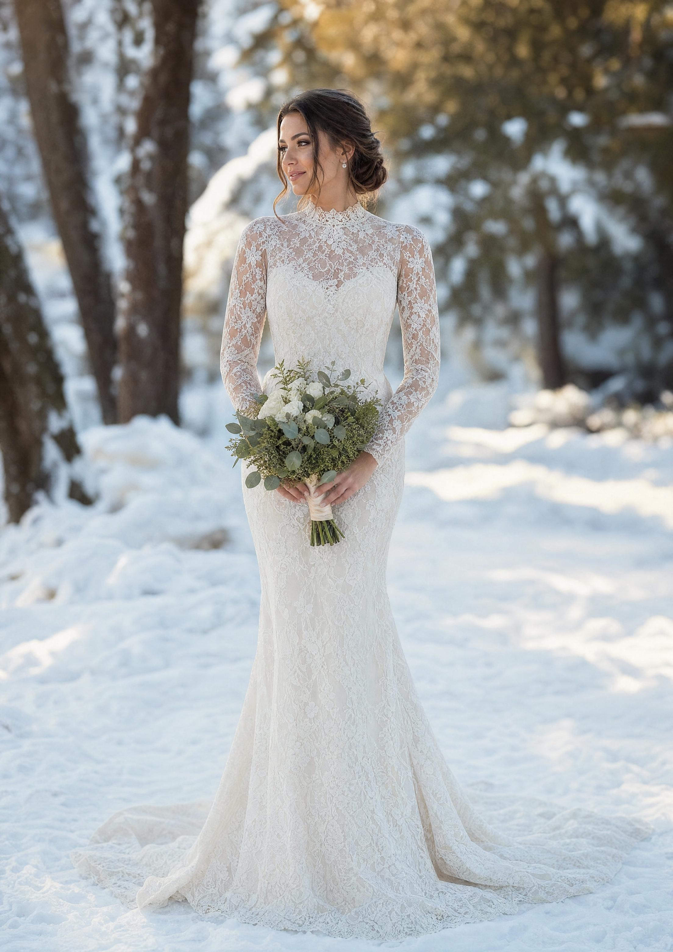 Núvia amb un vestit de núvia d’hivern d’encaix, màniga llarga i coll alt, elegant i càlid en una escena hivernal
