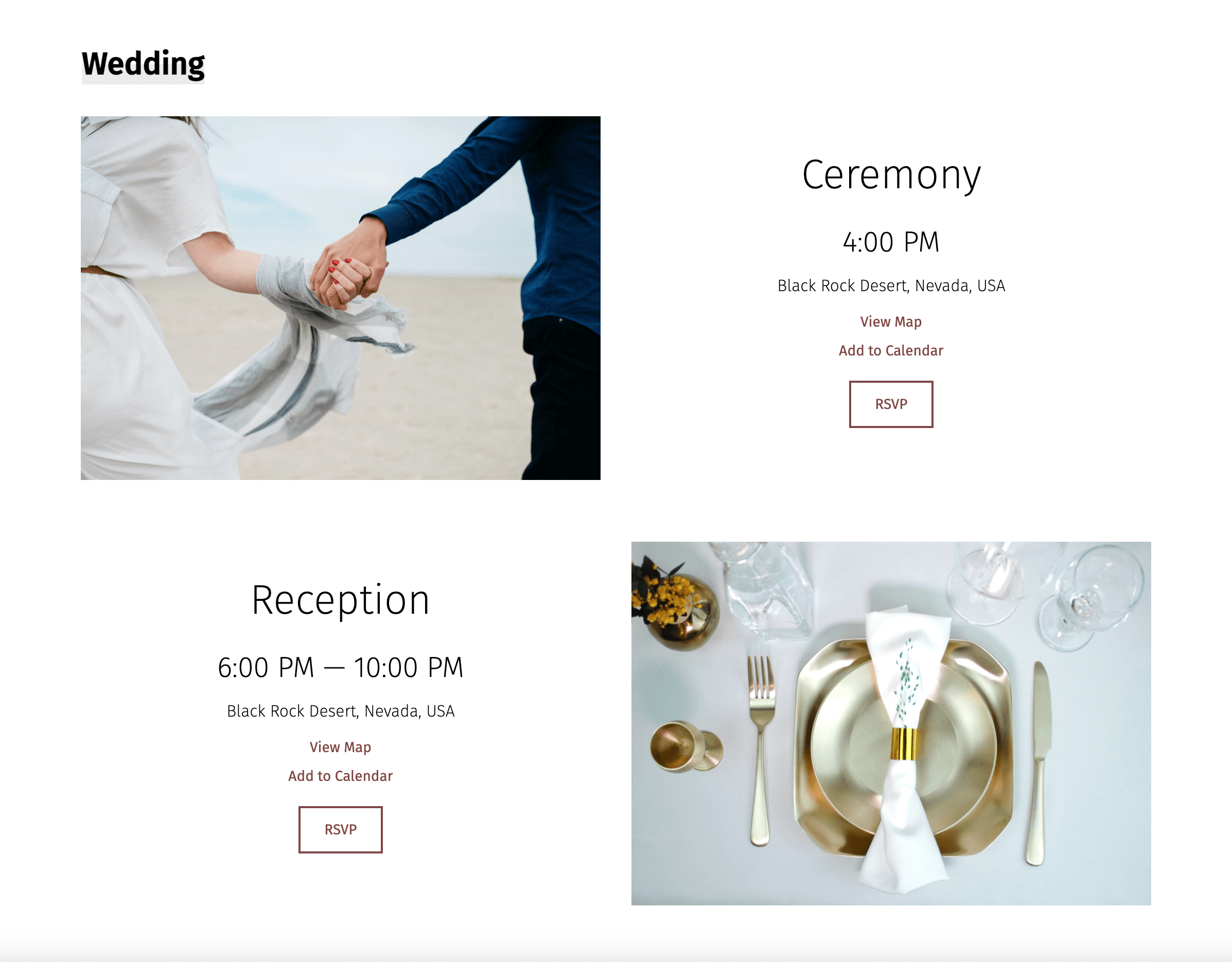 Een afbeelding met informatie over de bruiloft, zoals de datum, tijd en locaties voor zowel de ceremonie als de receptie, gerangschikt in een duidelijke, overzichtelijke lay-out