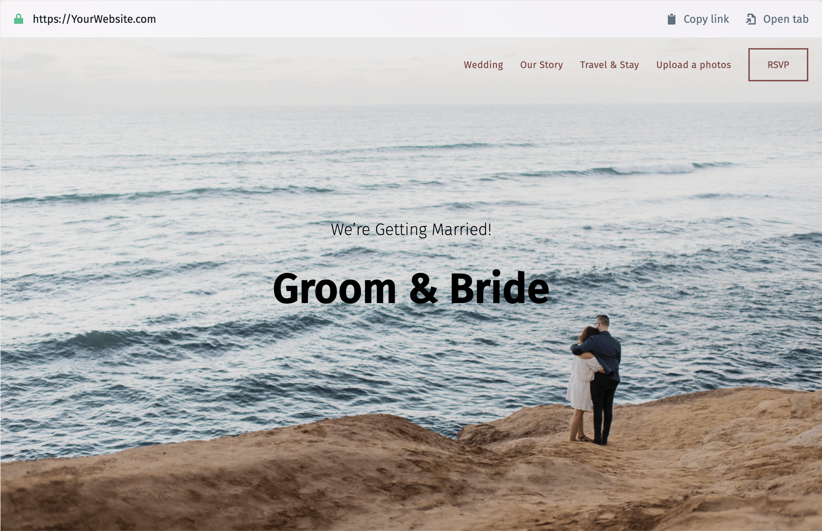 Een afbeelding van een header van een trouwwebsite met de namen van de bruid en bruidegom in elegante, stijlvolle typografie