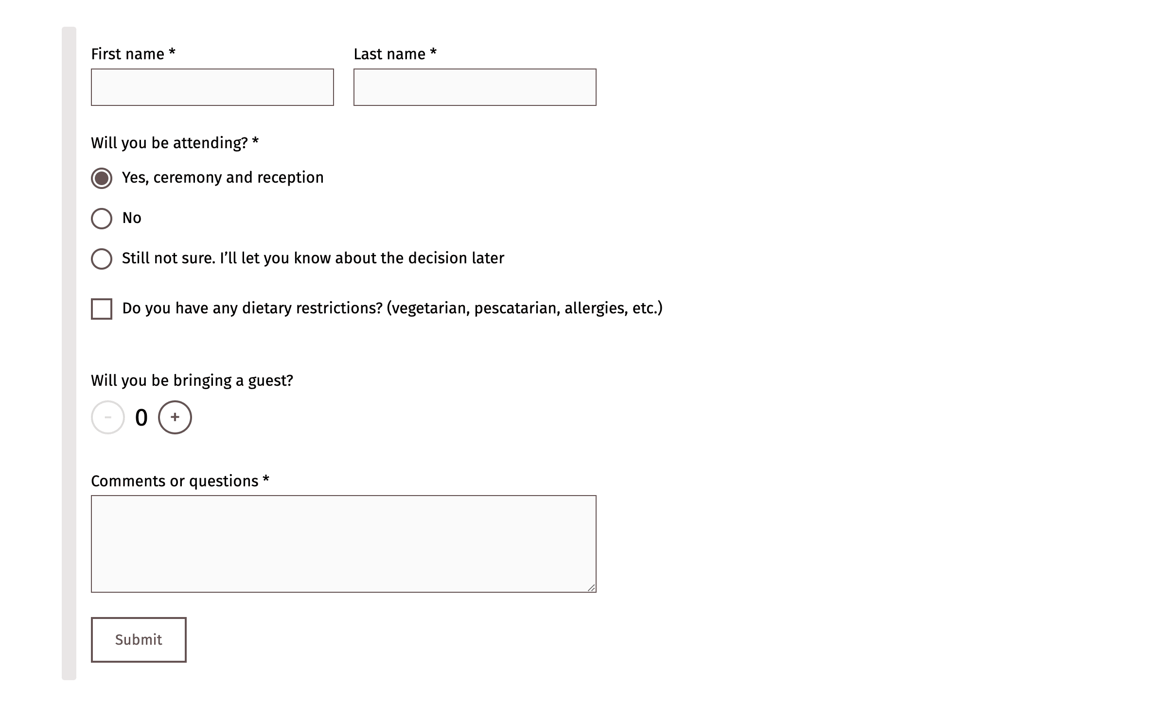 Een afbeelding met een geavanceerd RSVP-formulier voor bruiloften met verschillende invoervelden voor gastengegevens, aanwezigheidsselecties en aanvullende voorkeuren