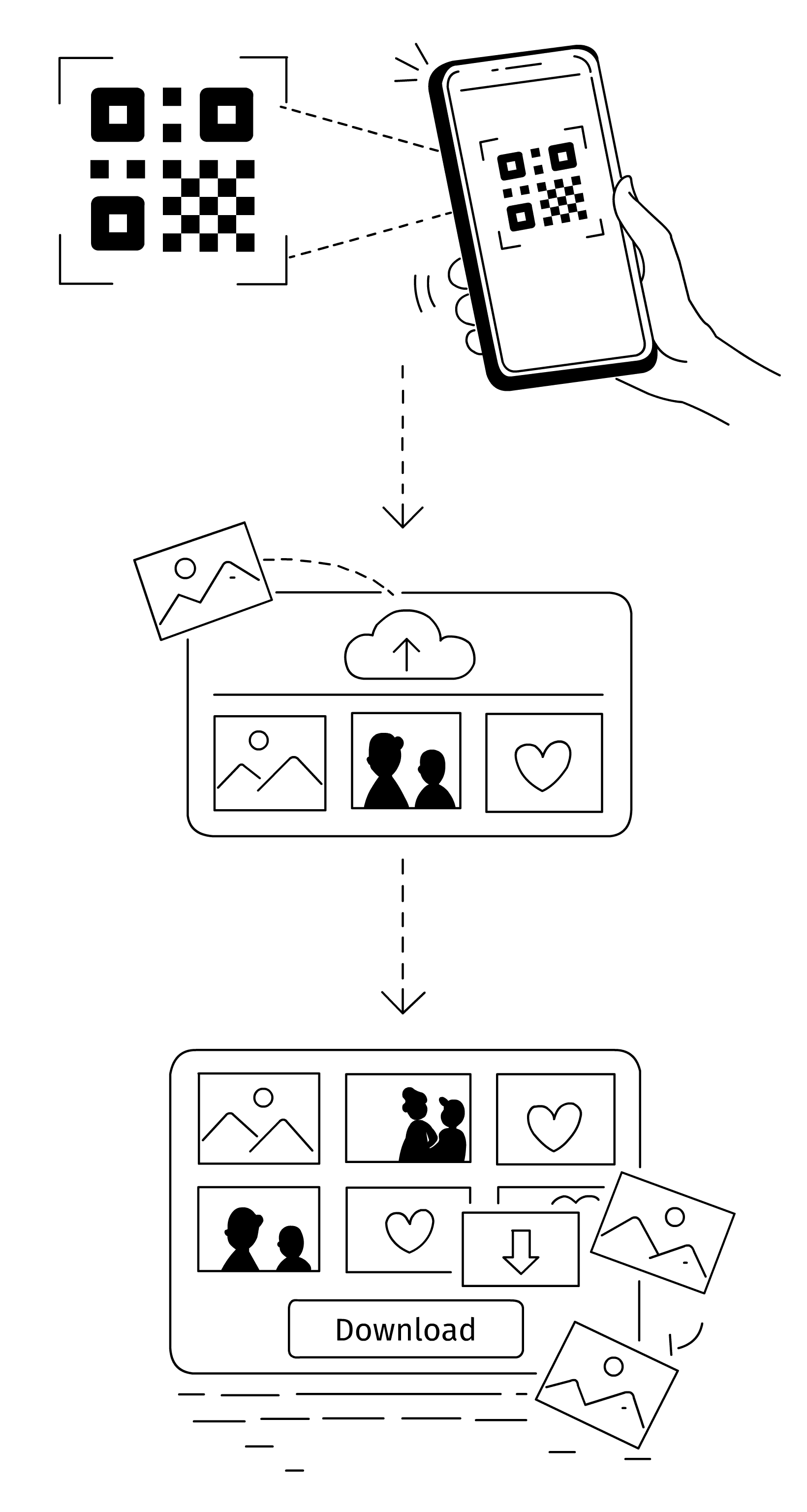 Интерфейс на приложение за споделяне на сватбени снимки с качвания от гости и управление на галерия