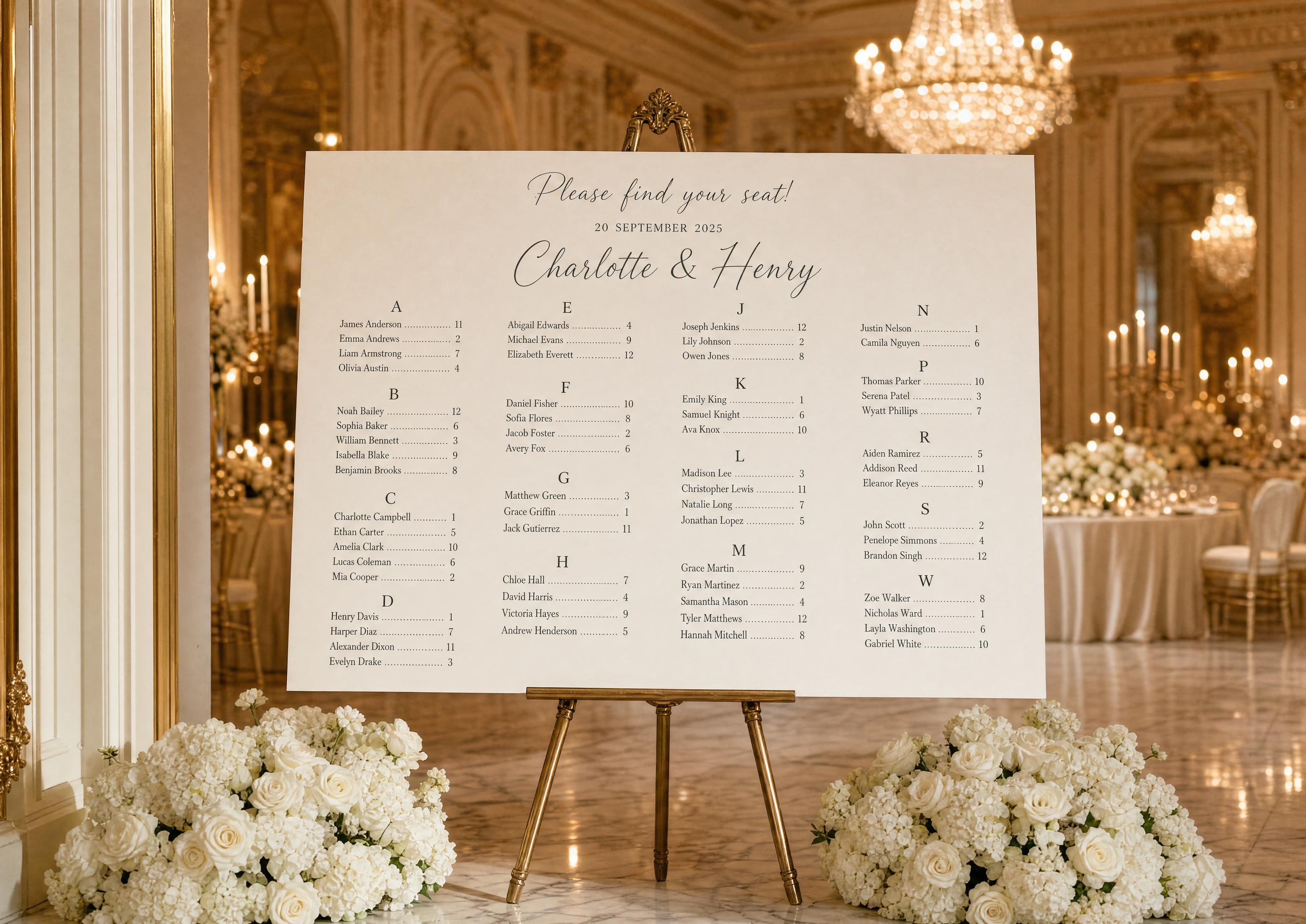 Cartell de seients de casament alfabètic en un cavallet daurat ornamentat en una sala de ball amb canelobres, noms de la A a la Z a números de taula emmarcats per arranjaments florals blancs