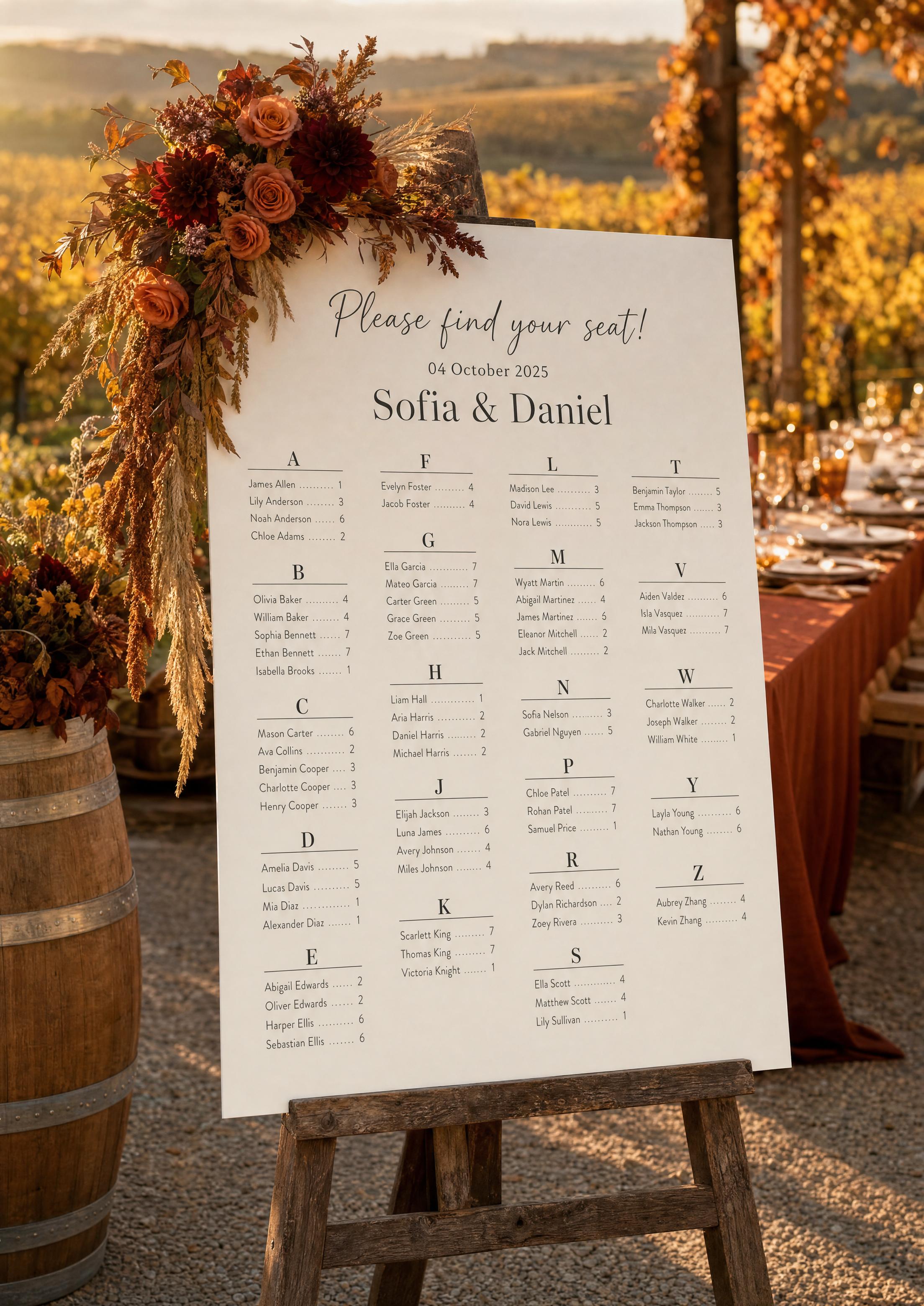 Cartell de seients de casament alfabètic de tardor en un cavallet de fusta en una vinya a l’hora daurada, convidats de la A a la Z assignats a taules amb flors en tons rovell i coure i una bóta de vi