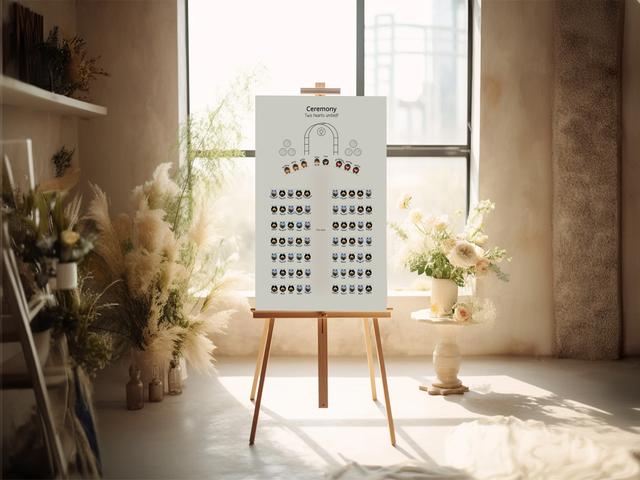 Creați o ceremonie primitoare și organizată cu acest afișaj frumos proiectat pentru diagrama de locuri. Perfect pentru nunți, configurația elegantă ghidează oaspeții către locurile lor, adăugând în același timp o notă elegantă decorului evenimentului dvs., îmbinându-se perfect cu o atmosferă senină și fermecătoare.
