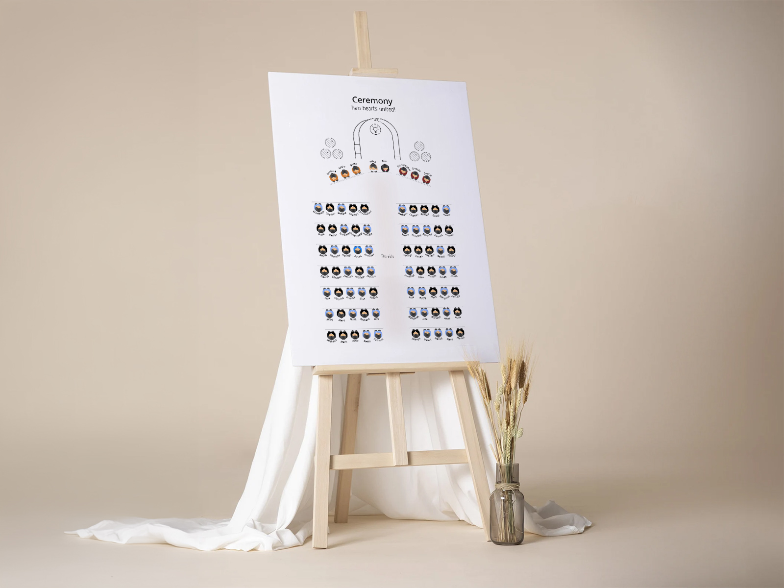 Bordsplaceringsschema för vigseln med titeln Två hjärtan förenade, som visar bågen, familjen längst fram och rader av gästplatser delade av en gång