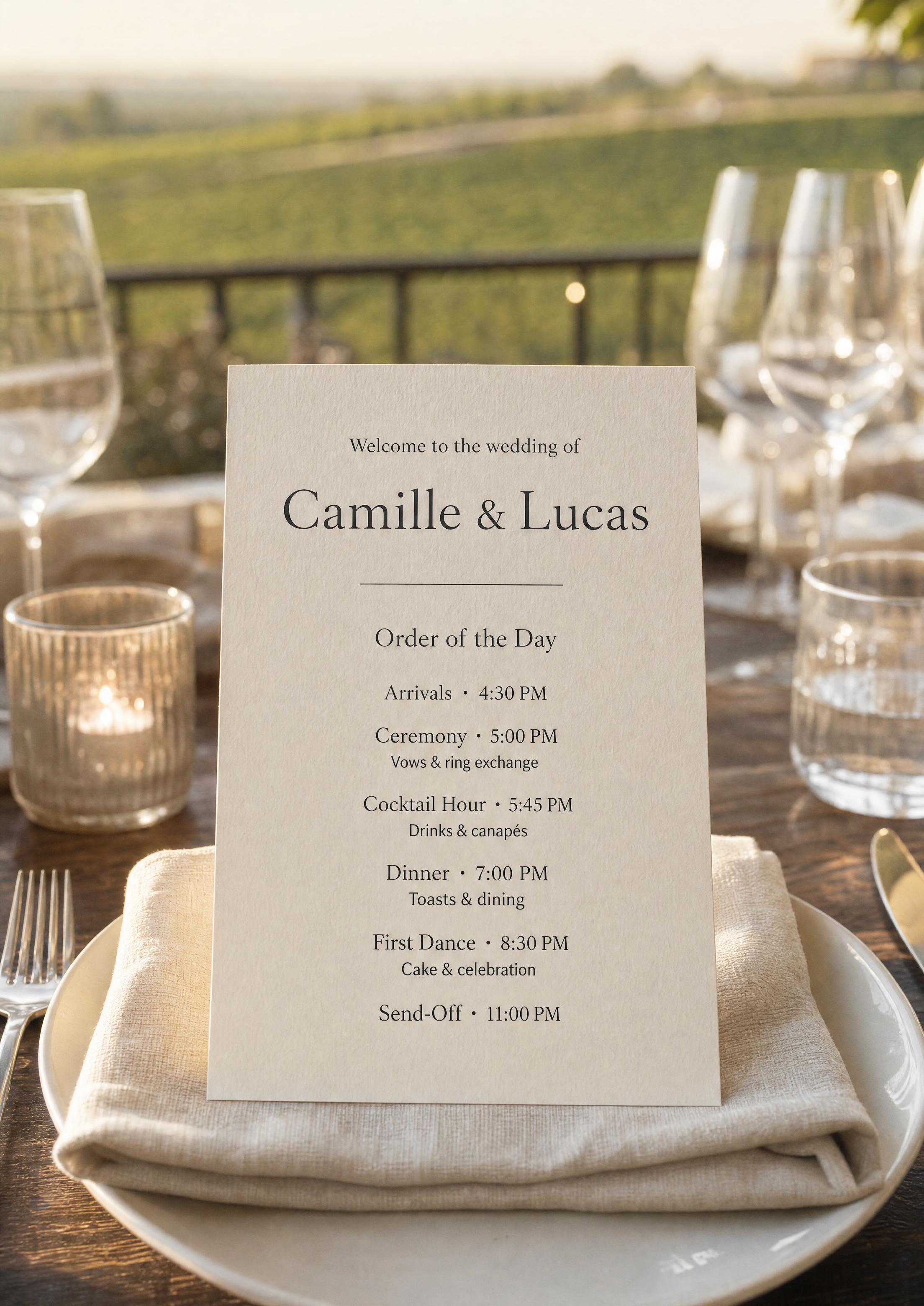Wedding program card at a sunny vineyard place setting, golden-hour hills behind — a warm-weather ceremony suited to a program fan