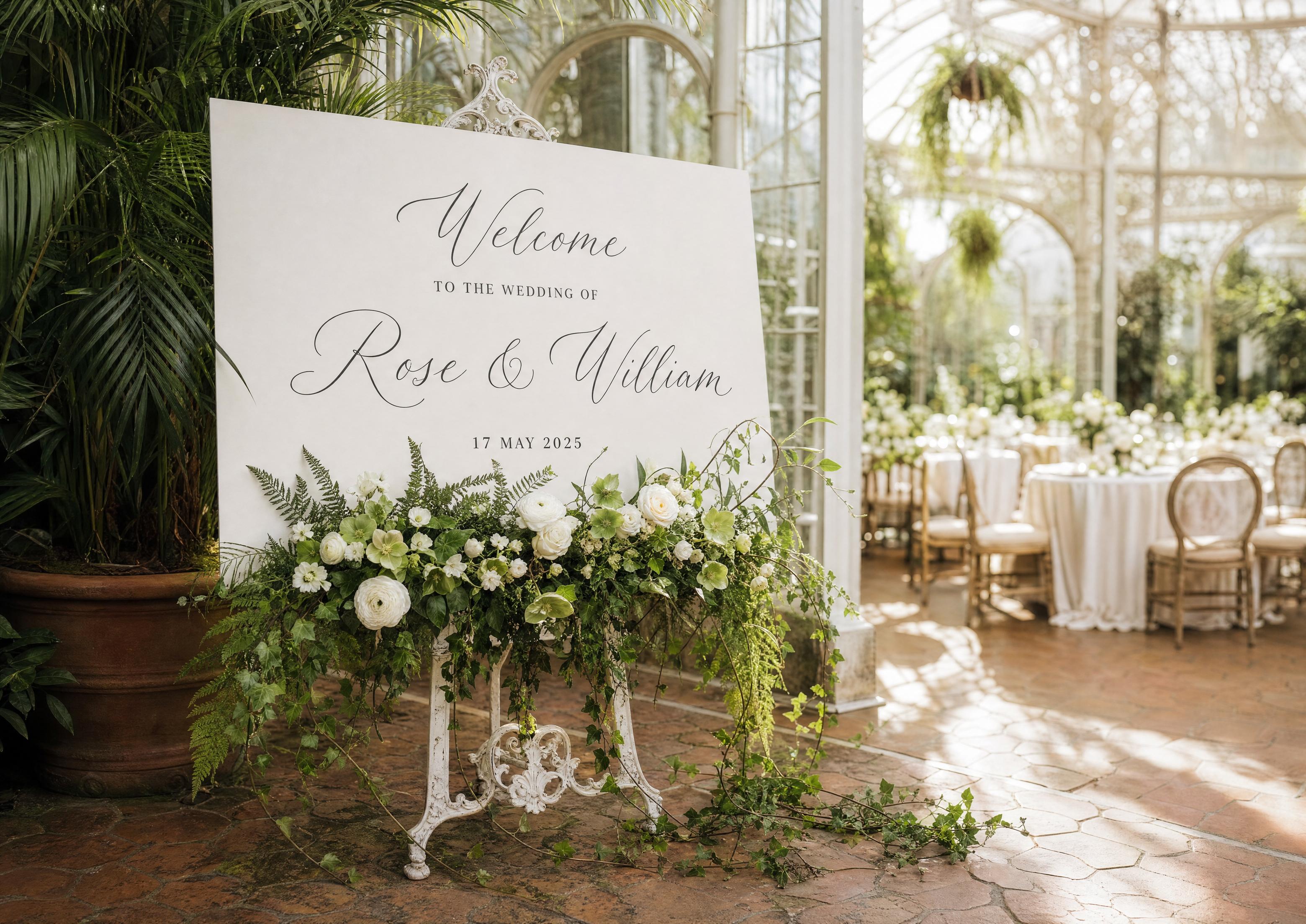 Cartell de benvinguda del casament amb el text 'Benvinguts al casament de Rose i William, 17 de maig de 2025' en cal·ligrafia grisa, sobre un cavallet de ferro blanc en un hivernacle de vidre — un exemple de text clàssic