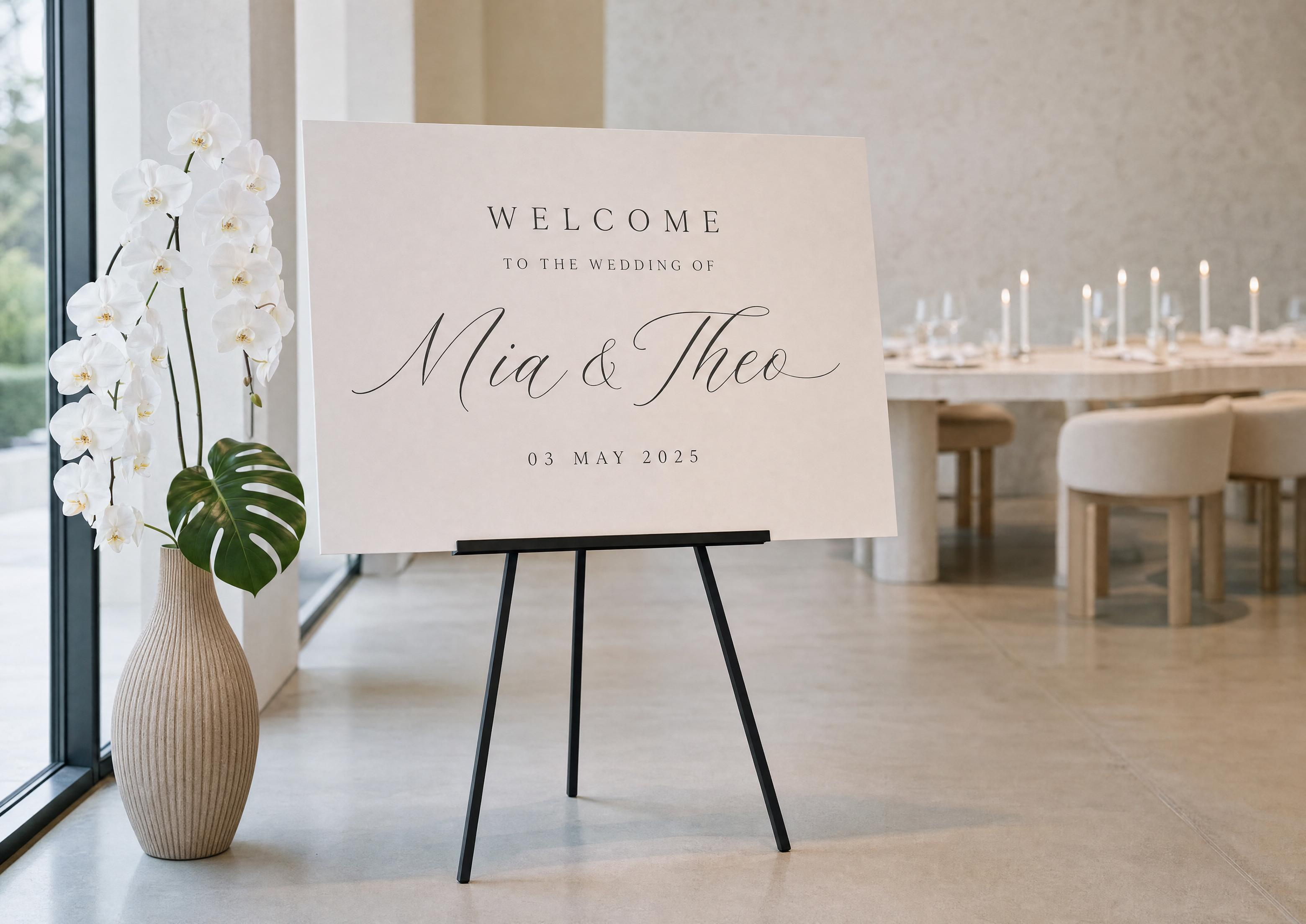 Mia 與 Theo 的奶油色婚禮迎賓牌,以襯線字體的 WELCOME 搭配流暢手寫字體姓名,放在黑色畫架旁並點綴蘭花——來自範本的字體搭配版面