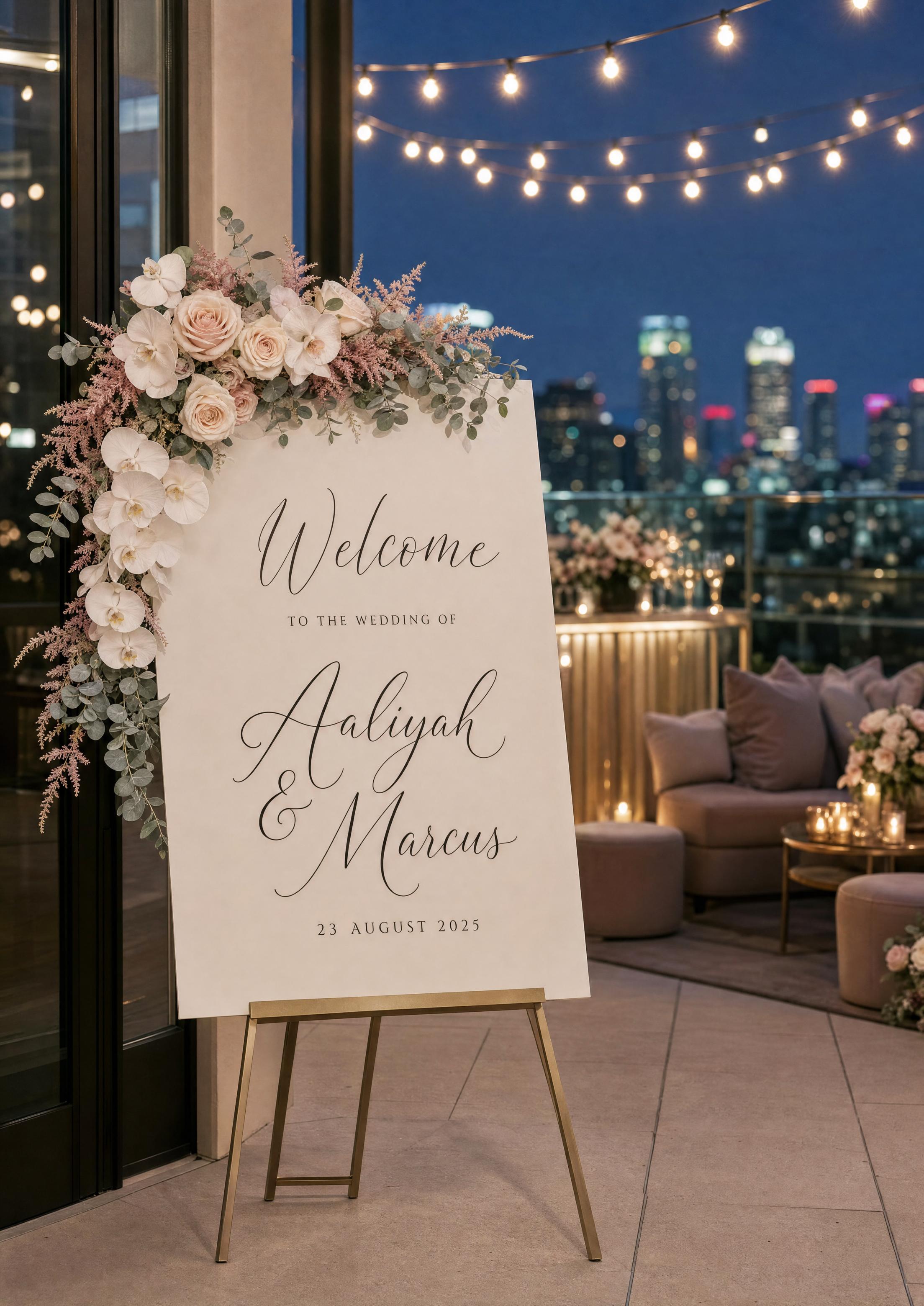 Biển chào mừng đám cưới hiện đại cho Aaliyah & Marcus với điểm nhấn hoa hồng phớt và lan trắng ở một góc, trên giá đỡ vàng tại sân thượng có đèn dây nhìn ra đường chân trời thành phố lúc chạng vạng