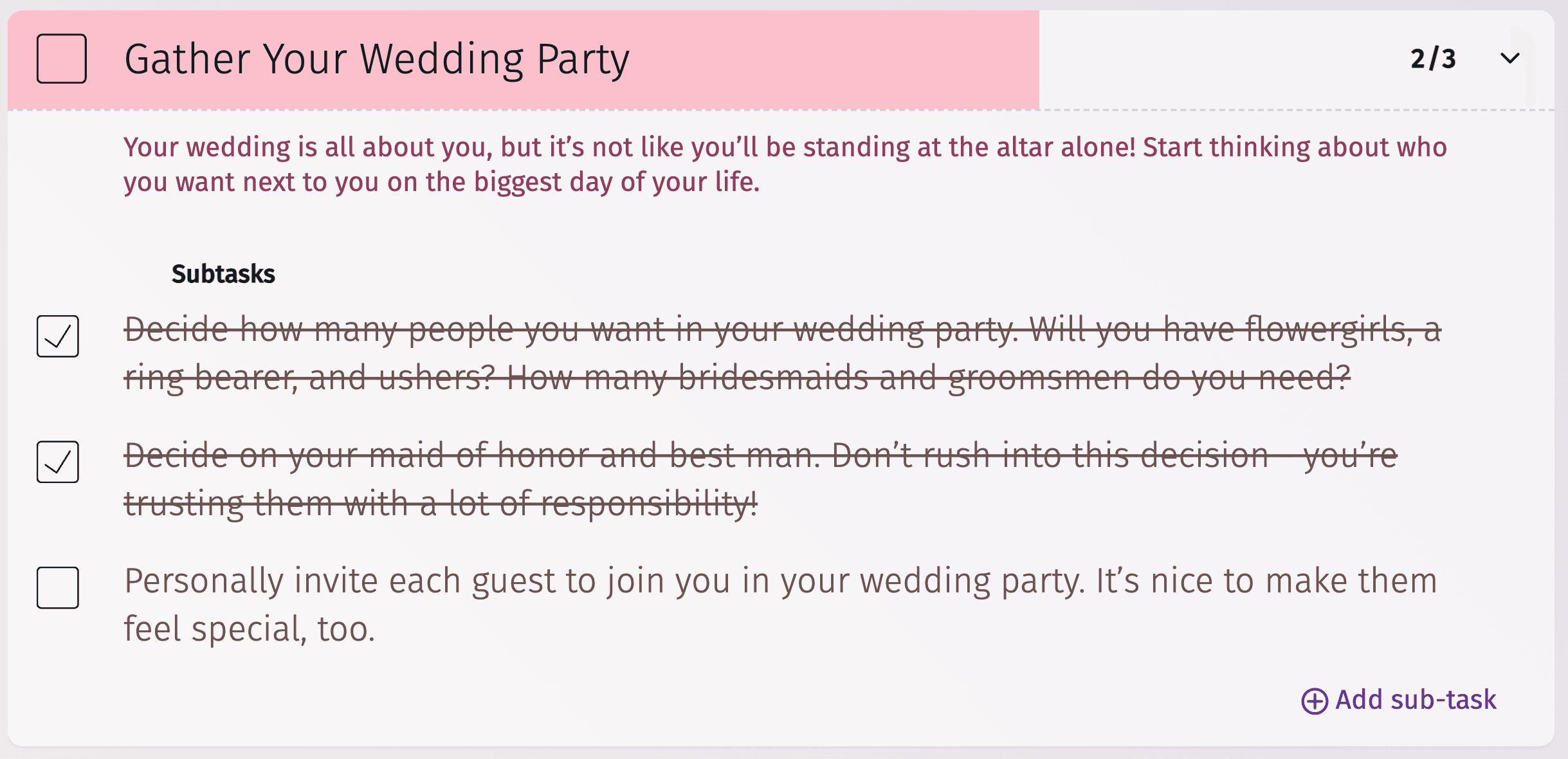 Lista di controllo della festa di nozze