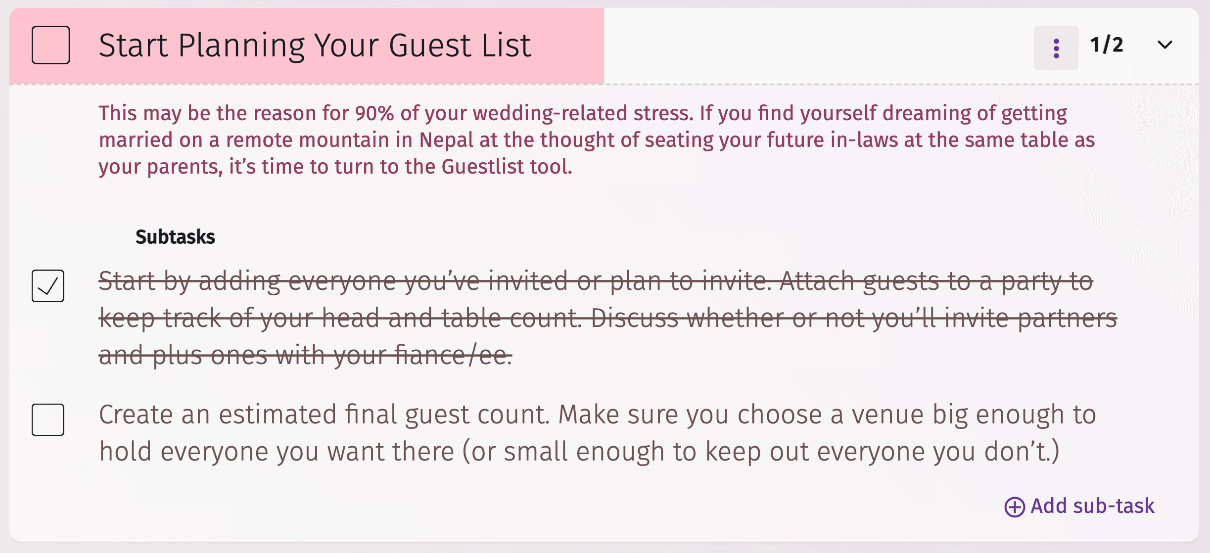 Beispiel einer Checkliste, wie man mit der Erstellung einer Gästeliste beginnt
