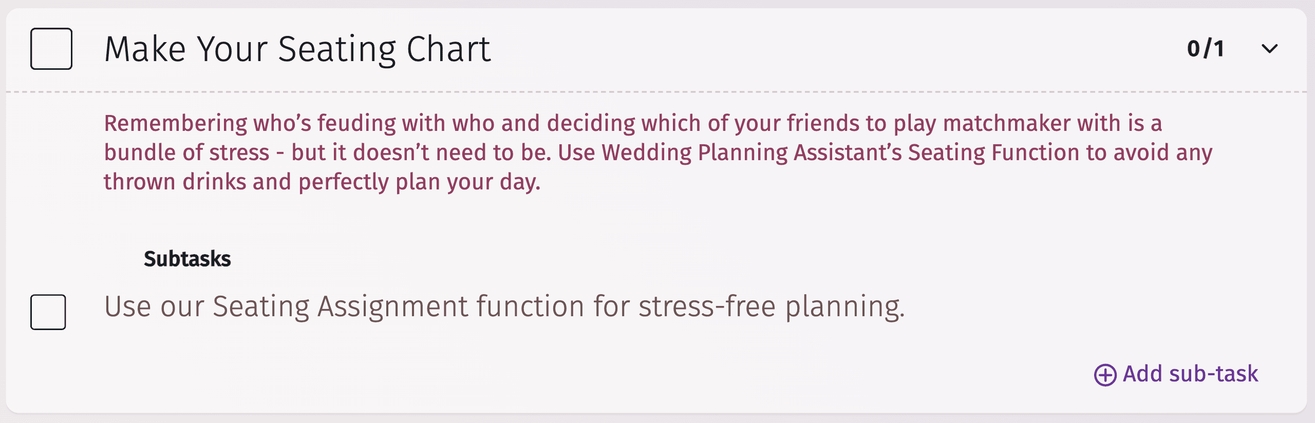 Interface de la liste de contrôle de dernière minute pour les mariages
