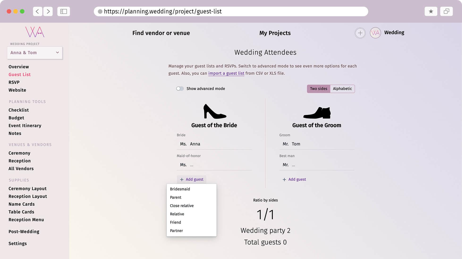 Capture d'écran de l'interface de gestion des invités