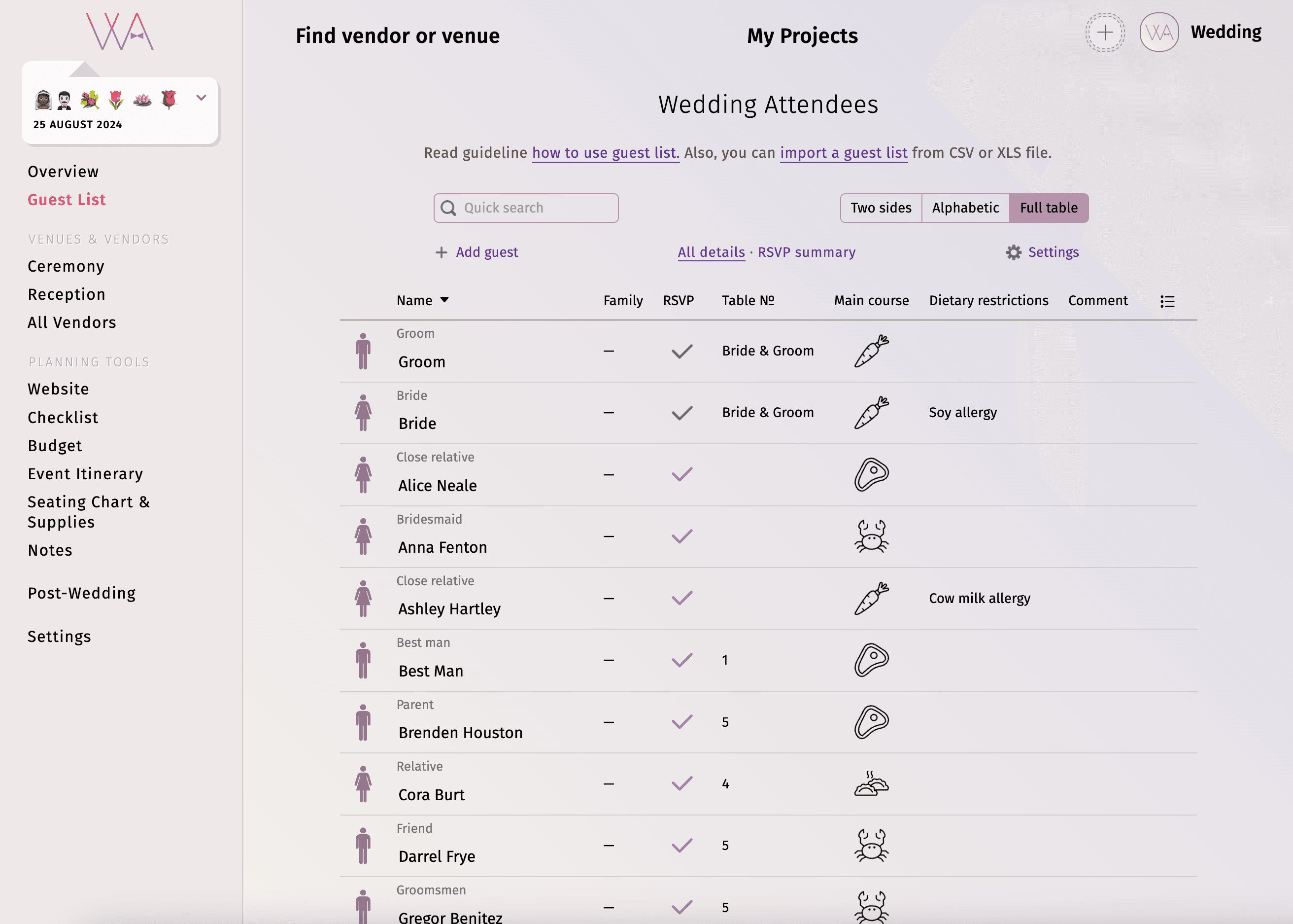 Interface of seating chart Excel