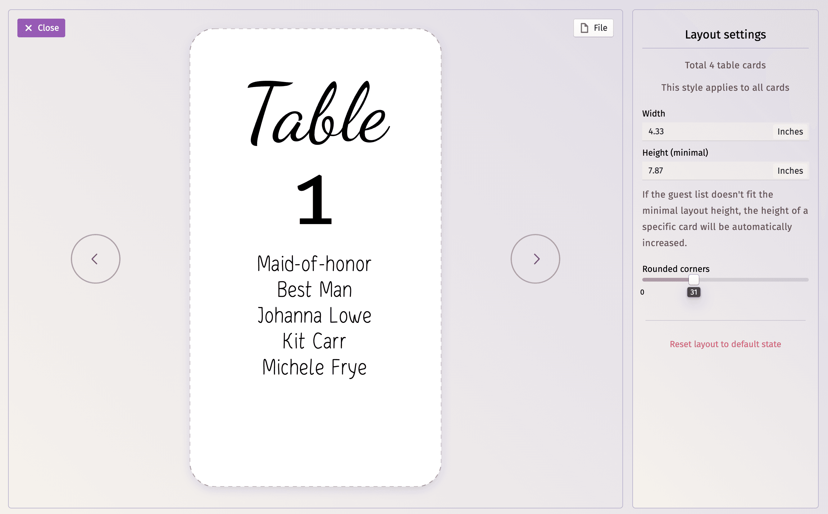 Интерфейс редактора карточек рассадки столов