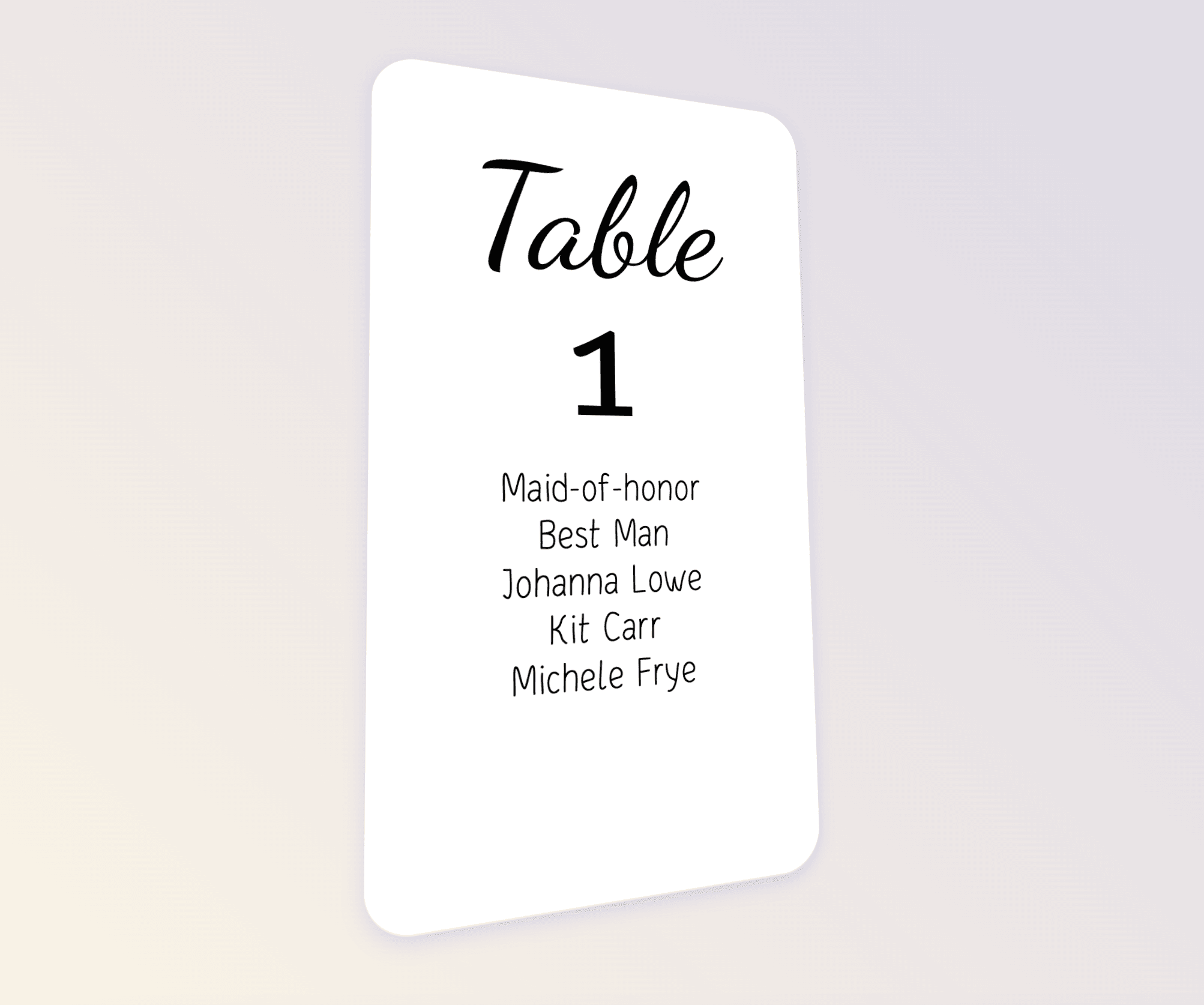 Príklad kariet na sedenie pri stole