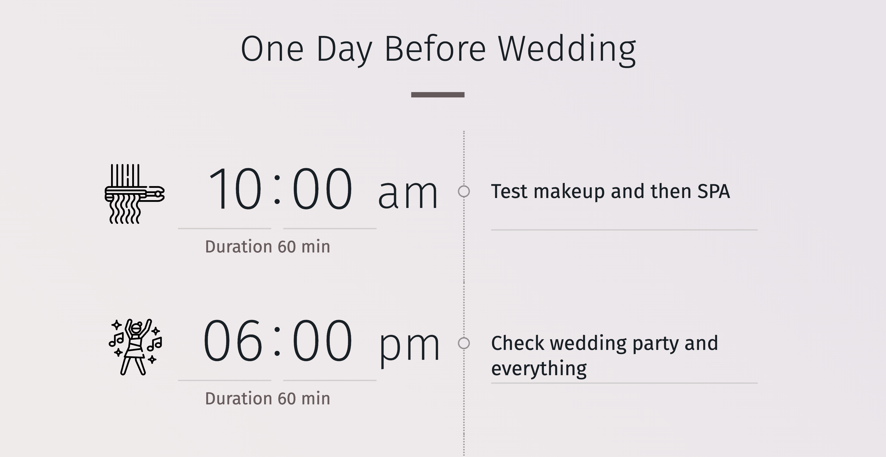 Печатный шаблон расписания свадебного дня с редактируемыми полями.