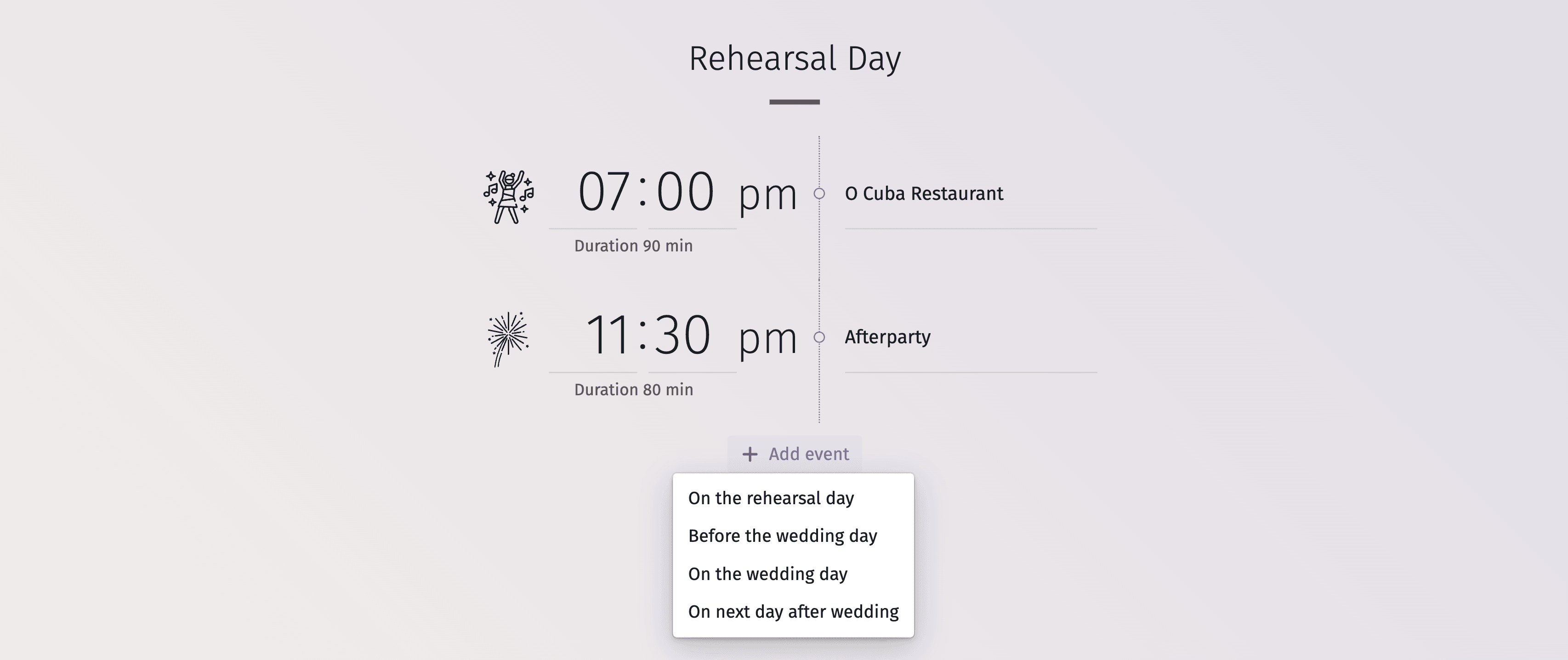 Image représentant un plan chronologique de la journée de mariage, des préparatifs du matin aux célébrations du soir.