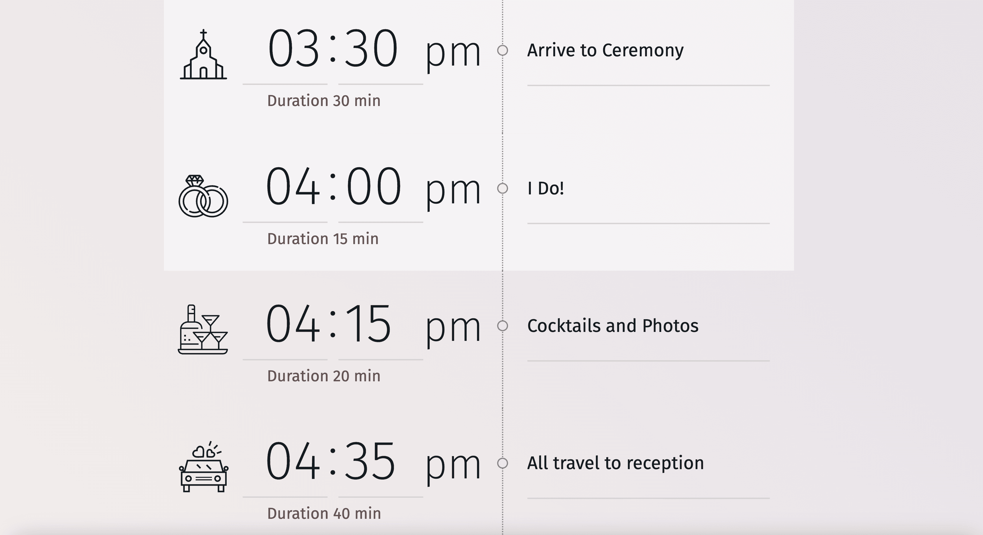 Стандартное расписание свадебного дня, представленное в формате хронологической шкалы времени.