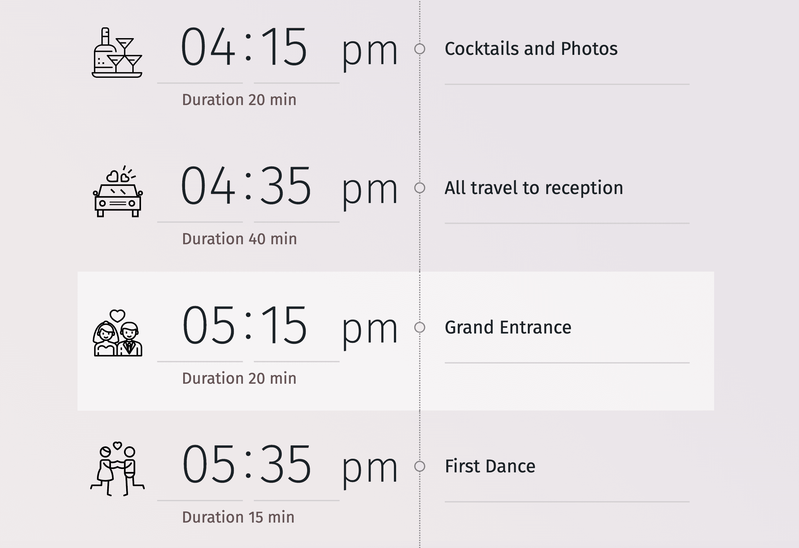Пошаговое расписание свадебного дня с цветными блоками времени.
