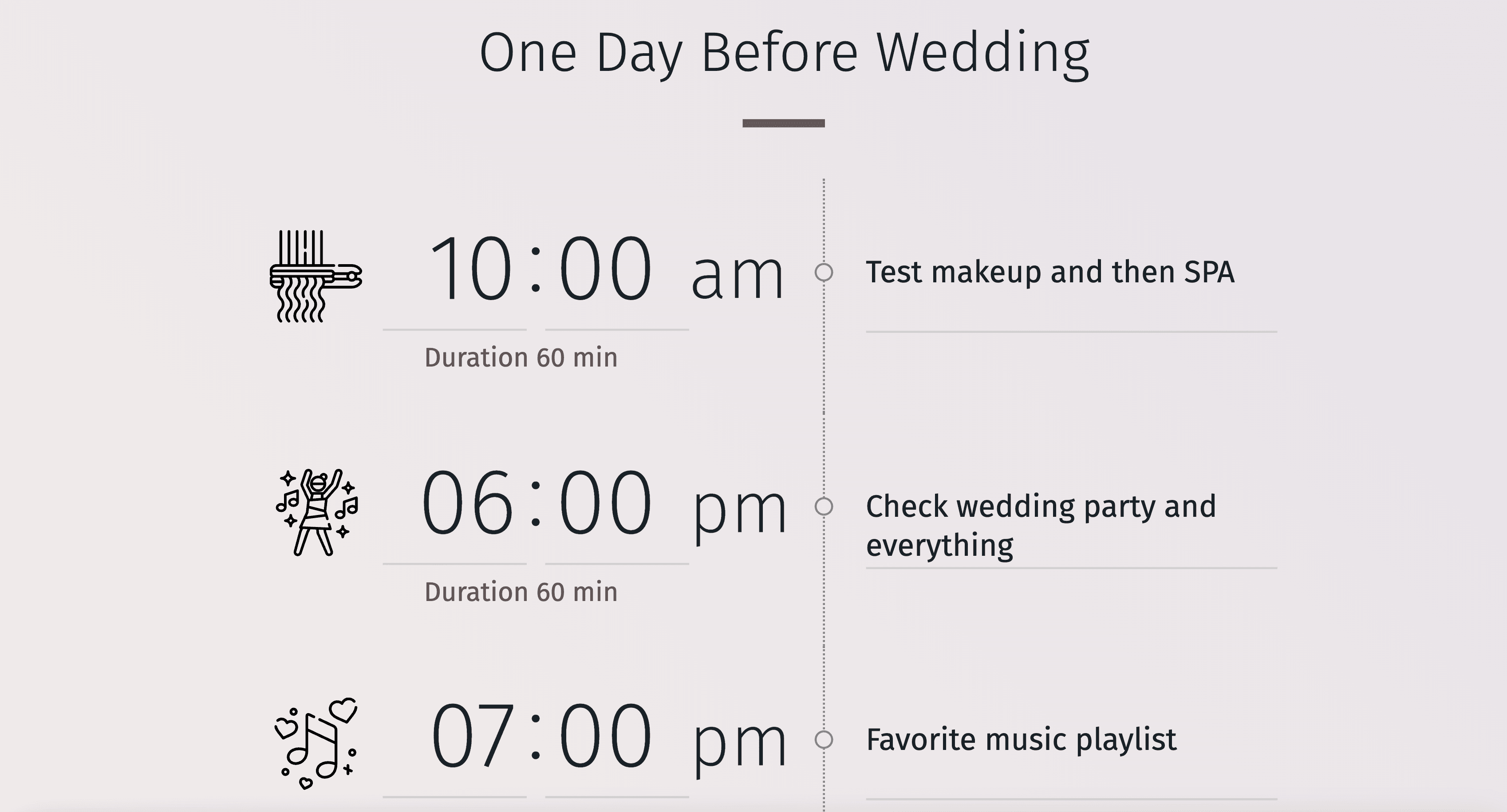 Elegáns idővonal diagram, amely az esküvői nap eseményeinek sorrendjét ábrázolja.